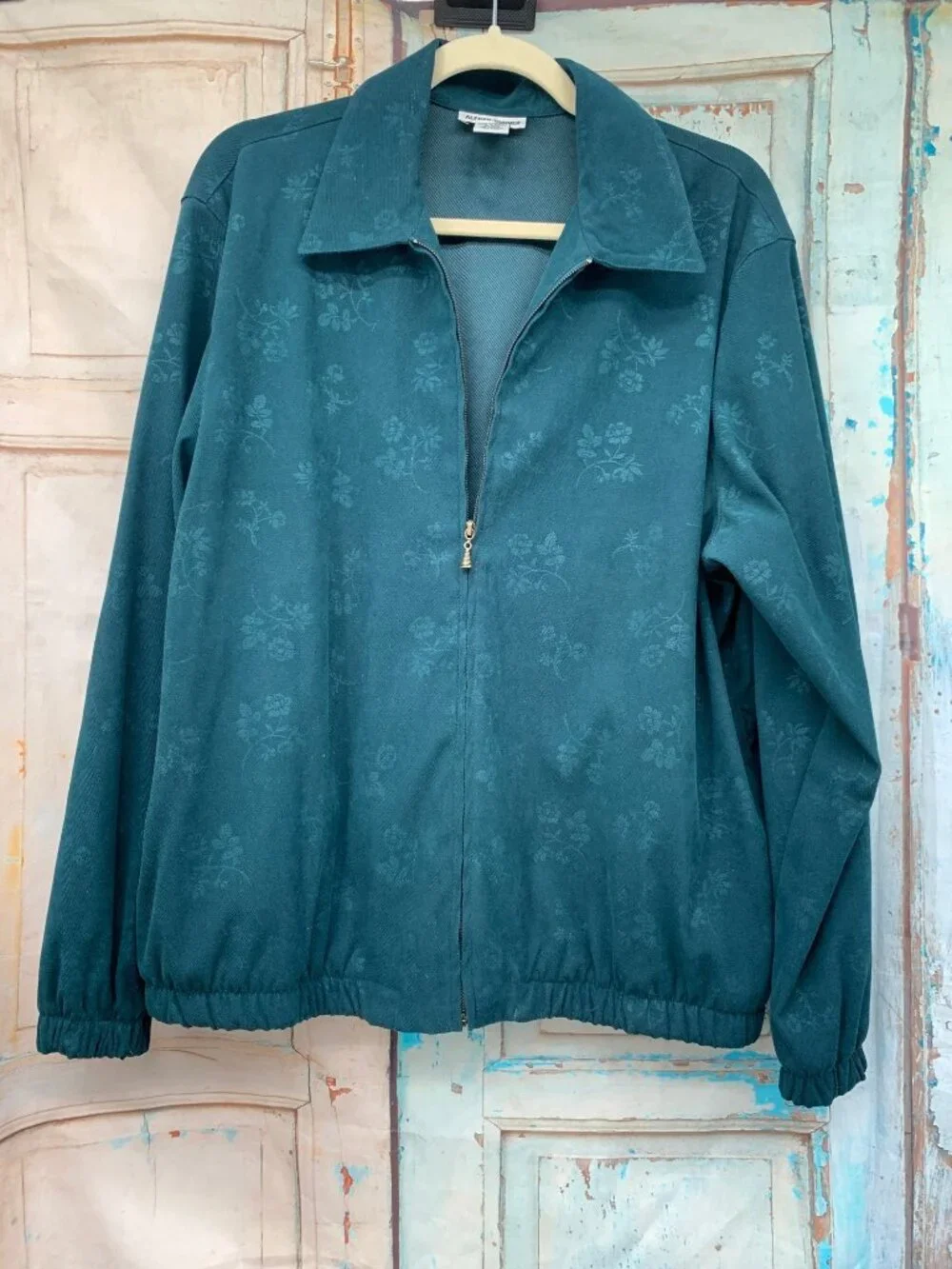 Alfred Dunner Womens Teal Floral Jacquard Full-Zip Jacket Size 12 Grandmacore